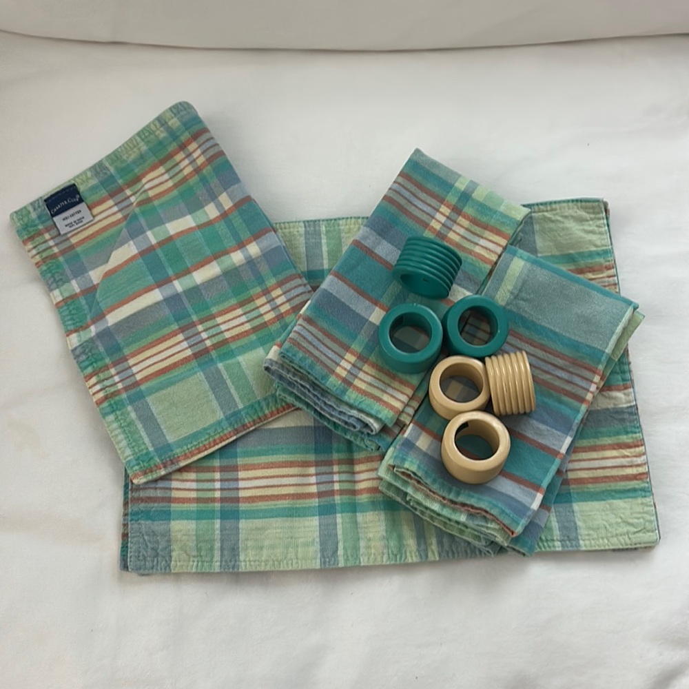 Charter Club 💯 Cotton Madras Plaid 6 napkins 6 rings 4 placemats EUC 🏖️
